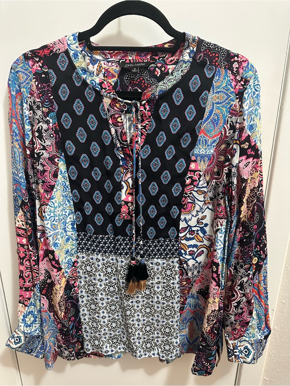 John Mark Multicolor Paisley Patchwork Tie-Neck Blouse - Pink Blue Black